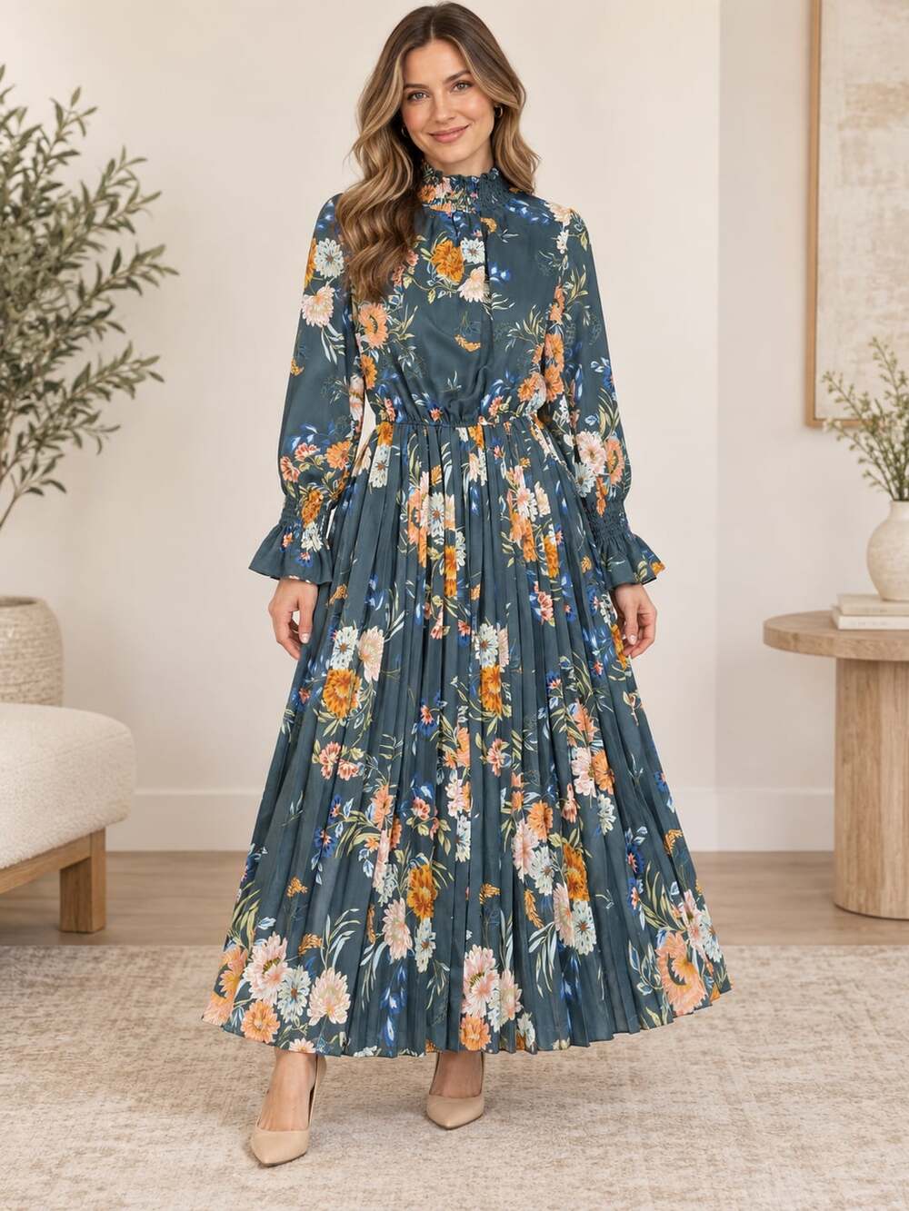 Indie & Co Green Floral Smocked High Neck Pleated Midi Dress M